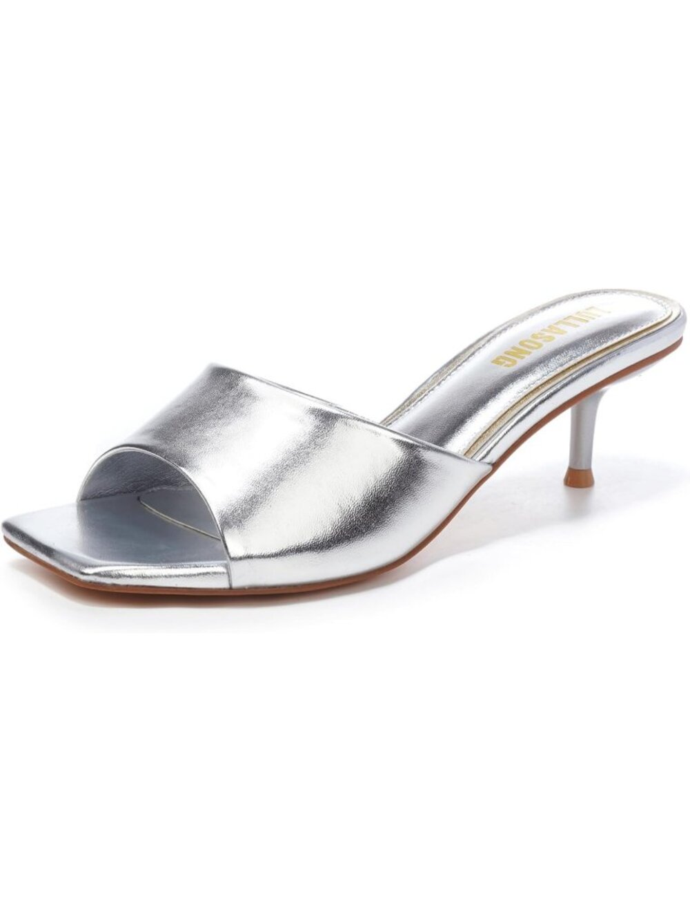 Women's Silver Faux Leather Square Open Toe Low Heels 2 Inch Heeled Sandals